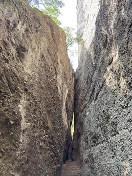 Vertical Steep Stone Steps Inside Narrow Mountain Slit Canyon Pass Stock Photos