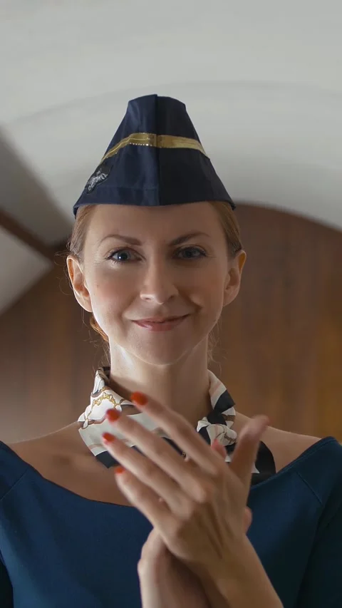 Vertical of Stewardess applause to camera inside of private business jet cabin Stock Footage 277274613
