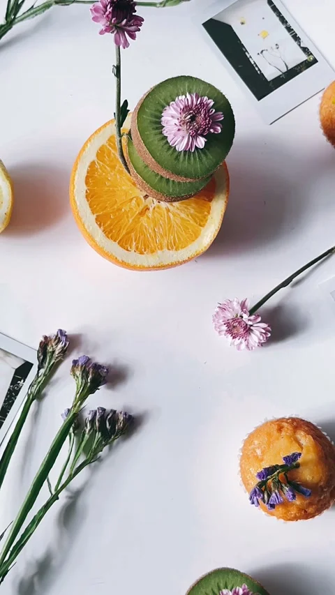 Vertical stock video looking down, fruit, flowers, Stock Footage 267320874