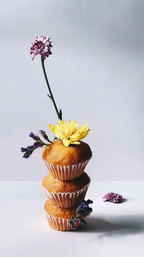Vertical, stock video, mini muffins, lemon, flowers, dessert, sweet, treats, Stock Footage 267170192