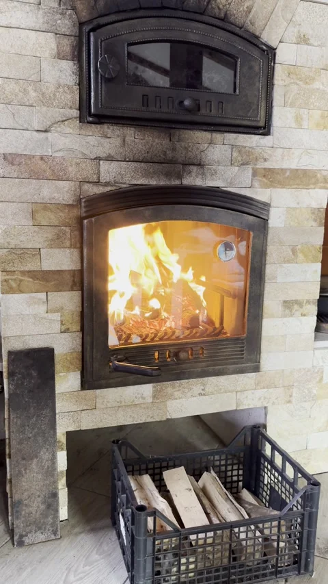Vertical - Stone Brick Pizza Oven With Wood Fire Burning Below Stock Footage 345251407