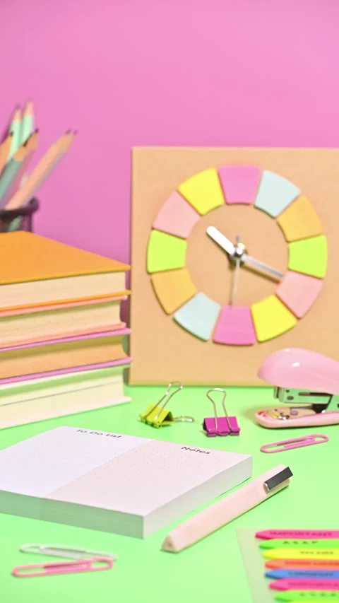 Vertical Stop Motion of School Table with Stationery Appearing 스톡 동영상 258668178