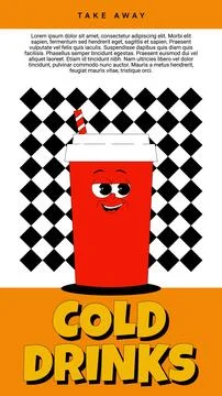 Vertical stories template with funky red drink glass character with straw i.. Stock Illustration