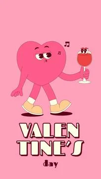 Vertical stories template with funny walking heart character with wine in r.. Stock Illustration