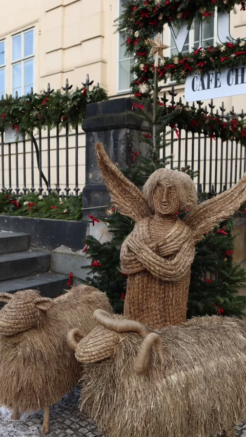Vertical straw angel and sheep christmas decoration Stock Footage 326193064