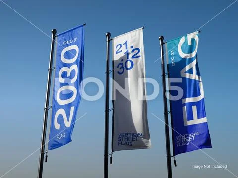Vertical Street Flag Mockup with Multiple Flags Outdoors PSD Template