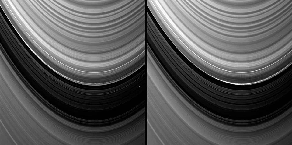 Vertical structures in the variable outer edge of Saturn s B ring cast sha... 스톡 사진