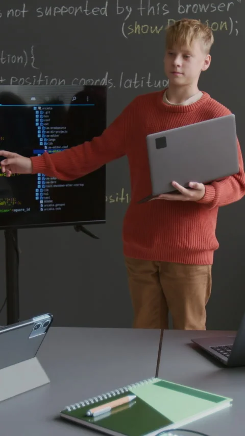 Vertical of Student Presenting Coding Project on Screen at Lesson Stock Footage 318728237