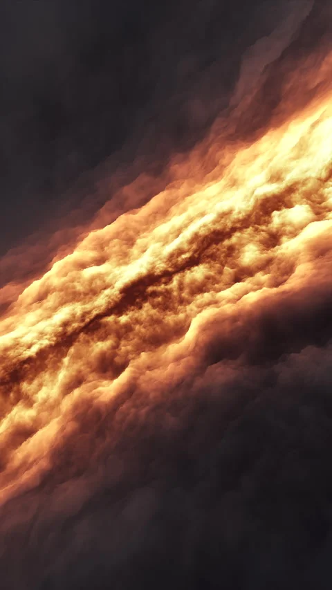 Vertical Stylized Wild Clouds with Glowing Golden Nebulae Light Corridor Stock Footage 340861746