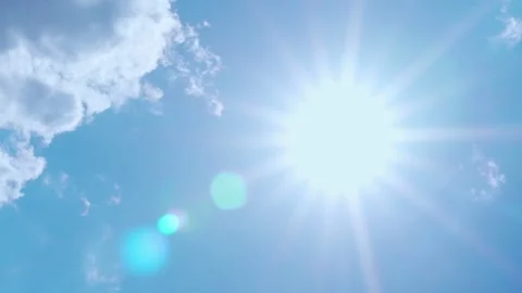 Vertical, Sun in Clear Azure Blue Sky and Few White Clouds Star Glow Sunlight Fl Stock Footage 314098070