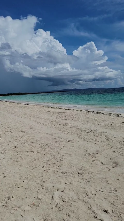 Vertical sunny beach with distant storm approaching over the ocean Video stock 329072547