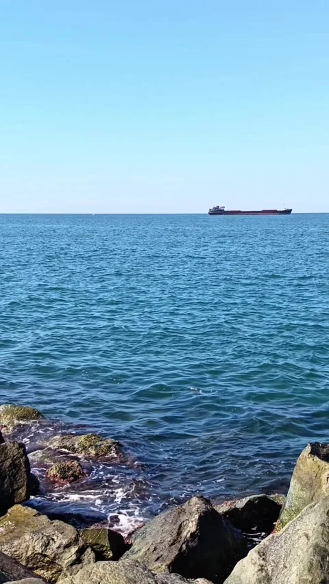 Vertical Sunny Day Sea View with Rocks and Distant Cargo Ship Stock Footage 343114063