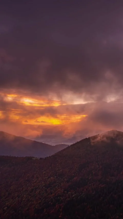 Vertical sunset with fast motion clouds sky Time lapse of autumn nature Stock Footage 258485378