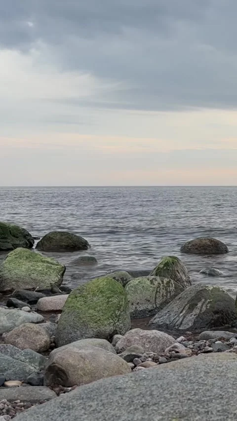 Vertical Sunset Sea with Mossy Rocks – 4K Stock Footage 320370498