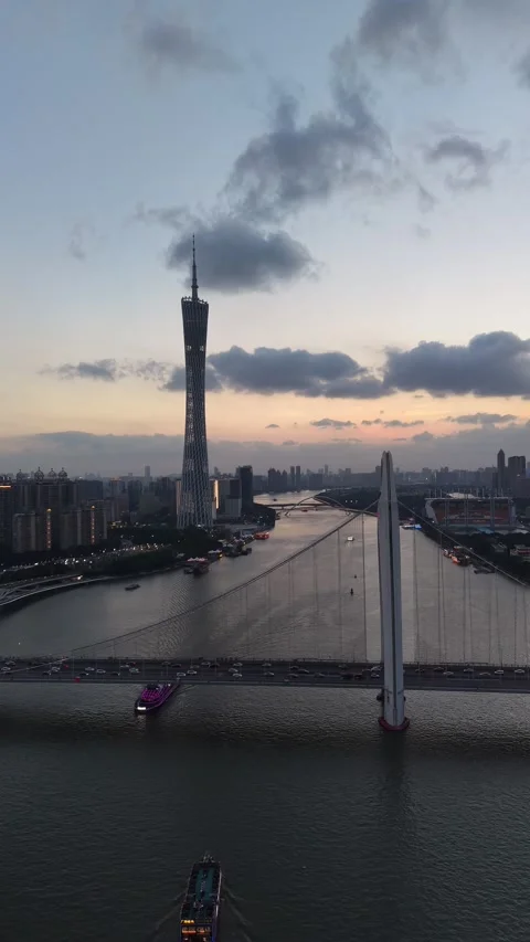 Vertical Sunset Skyline of Liede Bridge and Canton Tower, Guangzhou Stock Footage 337021973