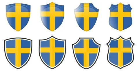 Vertical Swedish flag in shield shape, four 3d and simple versions. Sweden ic Stock Illustration