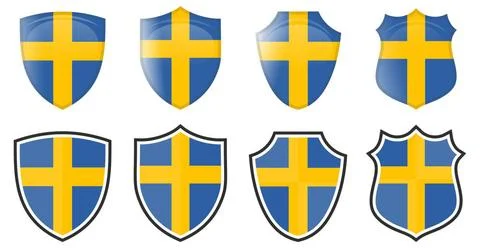 Vertical Swedish flag in shield shape, four 3d and simple versions. Sweden... Stock Photos