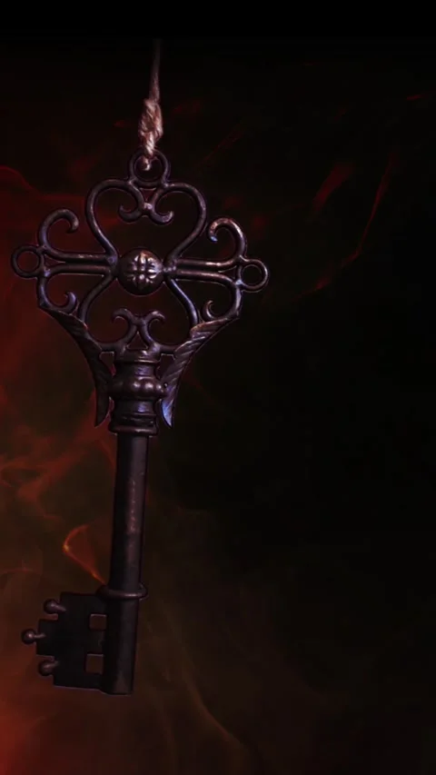 Vertical Swinging Skeleton Key in Dark Smoke 4K Loop Stock Footage 312767716