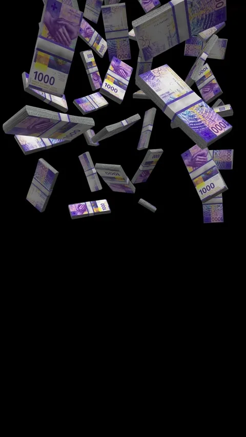 Vertical Swiss Banknotes Falling Animation on Black Screen Video stock 284002127
