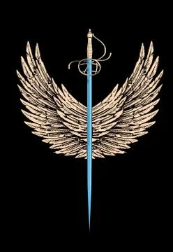Vertical sword with wings on black background Stock Illustration