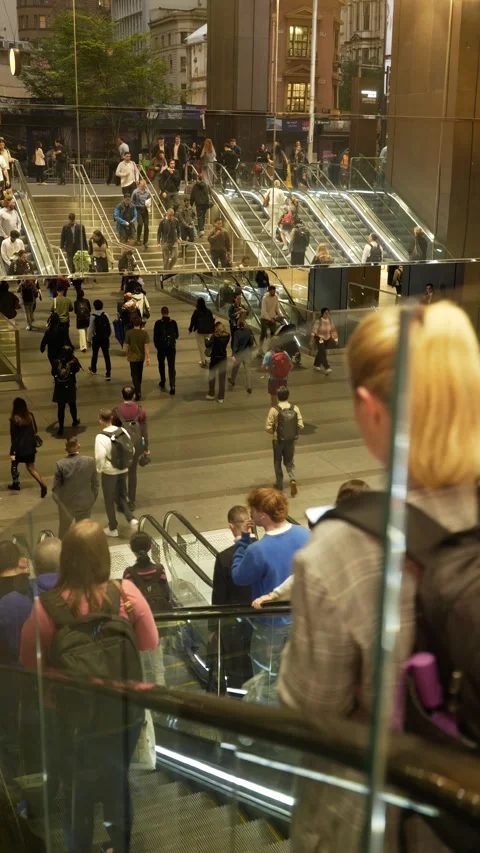Vertical Sydney crowds use Wynyard escalators 6K Video stock 308677334