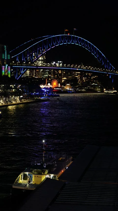 Vertical Sydney Harbour Bridge during VIVID 2025 6K Video stock 310377721