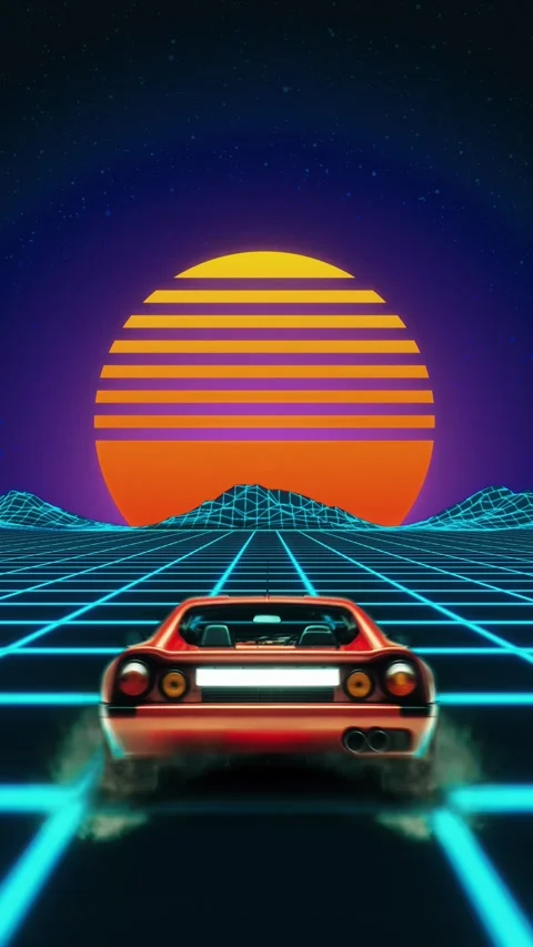 Vertical Synthwave Retro Sport Car Driving Away Background Loop Stock Footage 321940859