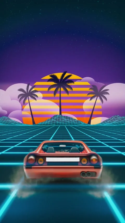 Vertical Synthwave Retro Sport Car Driving Away Background Loop Stock Footage 321940921