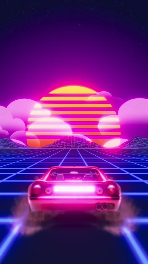 Vertical Synthwave Retro Sport Car Driving Away Background Loop Stock Footage 321941015