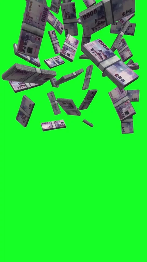 Vertical Taiwan Dollar Banknotes Falling Animation on Green Screen Stock Footage 284144401