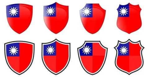 Vertical Taiwan flag in shield shape, four 3d and simple versions. Taiwanese  Stock Illustration
