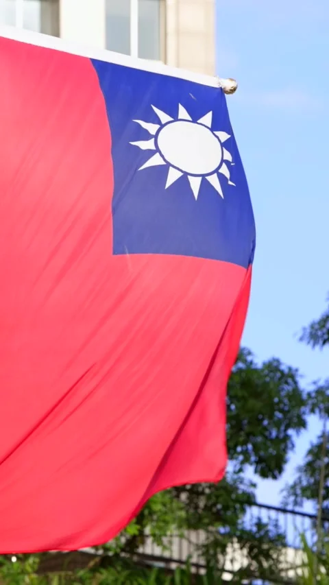 Vertical Taiwan flags waving in Vertical Slow motion with building backdrop Stock Footage 314466296