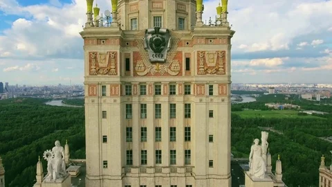 Vertical Takeoff of the Drone Main building of the Moscow State University with Stock Footage 76681002