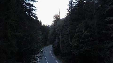 Vertical takeoff over a mountain road through a dense forest Stock Footage 96211273