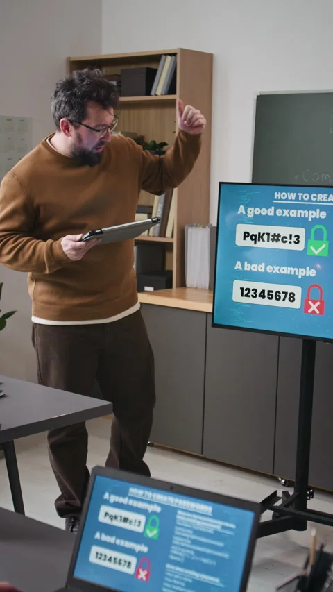 Vertical of Teacher Explaining Digital Safety in Computer Class Stock Footage 333755903