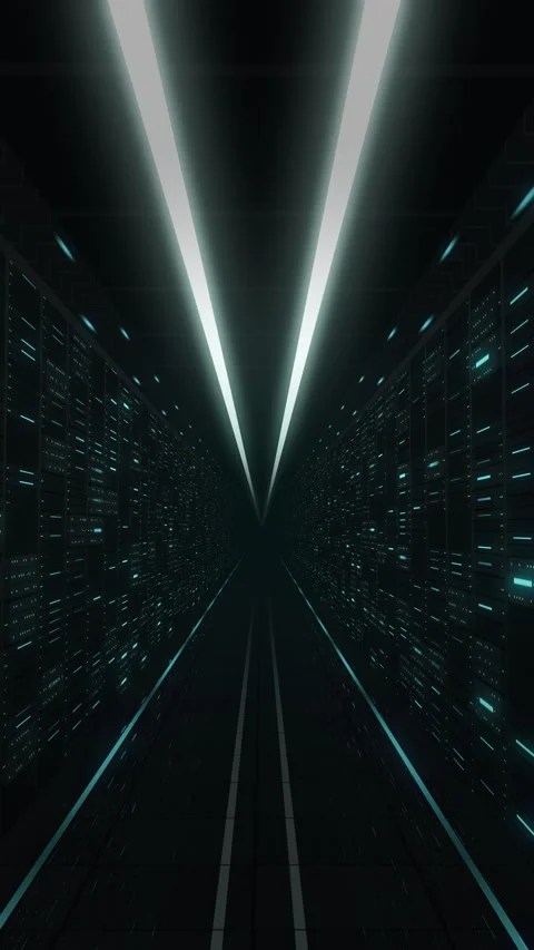 Vertical teal server room corridor with blinking racks, camera gliding forwar 스톡 동영상 346893242
