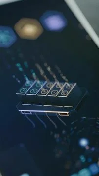 Vertical technology screen displays a row of linked server or graphics modules Stock Photos