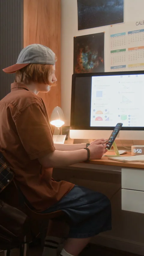 Vertical of Teenage Boy Studying Math on Computer Screen Using Smartphone Stock Footage 340772749