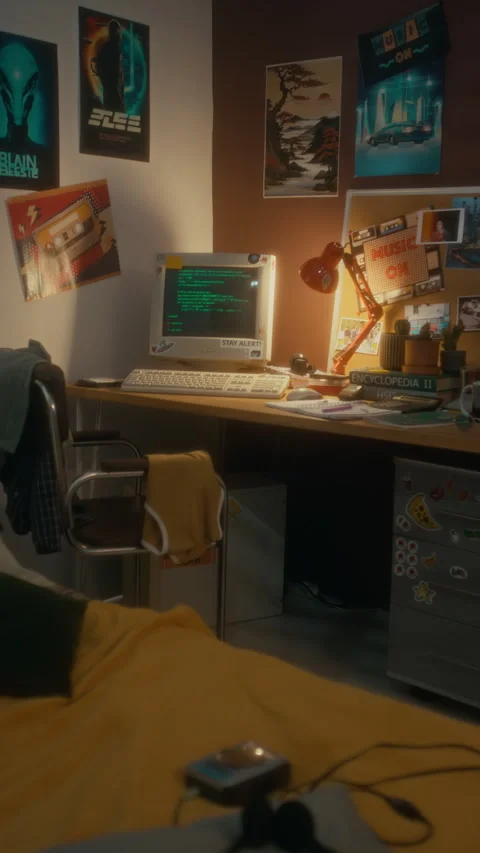 Vertical of Teenagers Workspace with Retro Computer and Posters on Walls Stock Footage 286094714