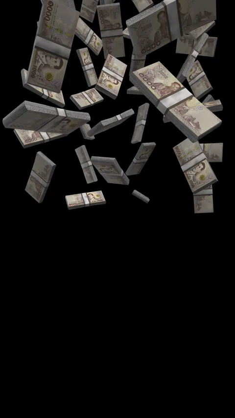 Vertical Thai Baht banknotes Falling Animation on Black Screen Stock Footage 284002143