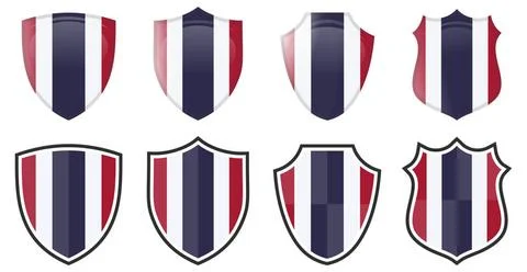 Vertical Thailand flag in shield shape, four 3d and simple versions. Thai ... Stock Photos