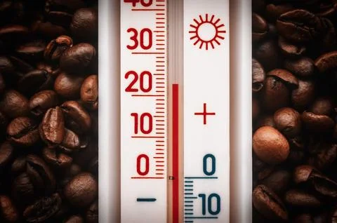 Vertical Thermometer Standing in Roasted Coffee Beans Stock Photos