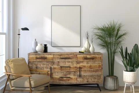 A Vertical Thin Black Frame on Light Wall in Modern Interior. 3D render. Illustrazione stock