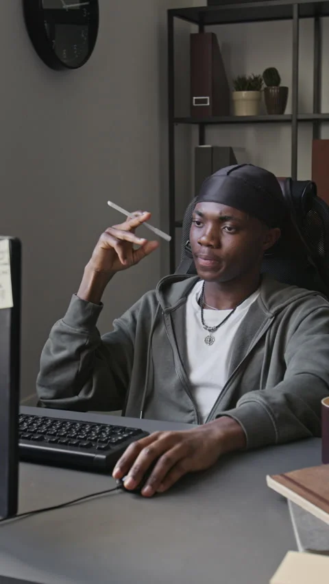 Vertical of Thoughtful Black Man Programmer Analyzing Code on Computer 스톡 동영상 336717725