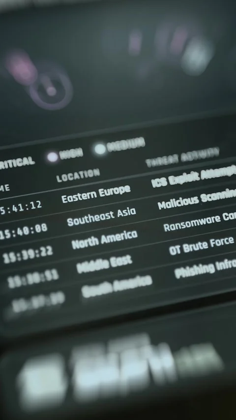 Vertical threat table lists an Eastern Europe ICS exploit attempt at 15:41:12 Stock Footage 343360443