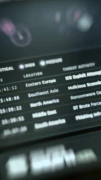Vertical threat table lists an Eastern Europe ICS exploit attempt at 15:41:12 Stock Photos