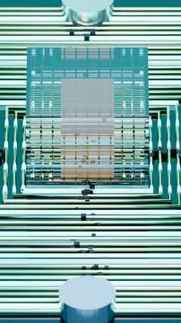 Vertical three-quarter angle view of entire quantum mainframe assembly in full Stock Photos