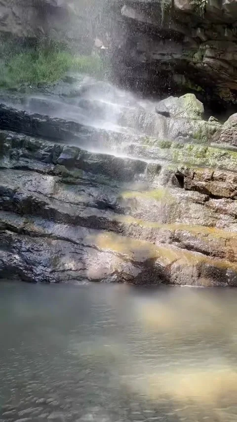 Vertical Tilt Up of Cascading Waterfall in Mossy Rock Forest Stock Footage 339725627