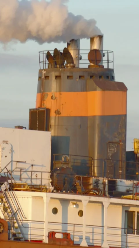 Vertical tilt up on Sault Ste Marie canal ship revealing smoke stack Stock Footage 327647702