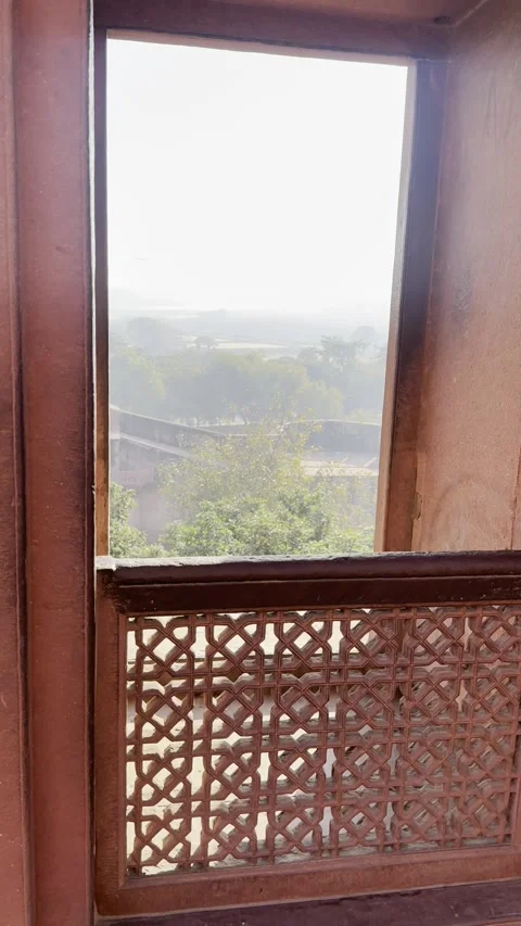 Vertical tilt up view of distant Taj Mahal framed by Agra Fort window India Vídeo Stock 343134169